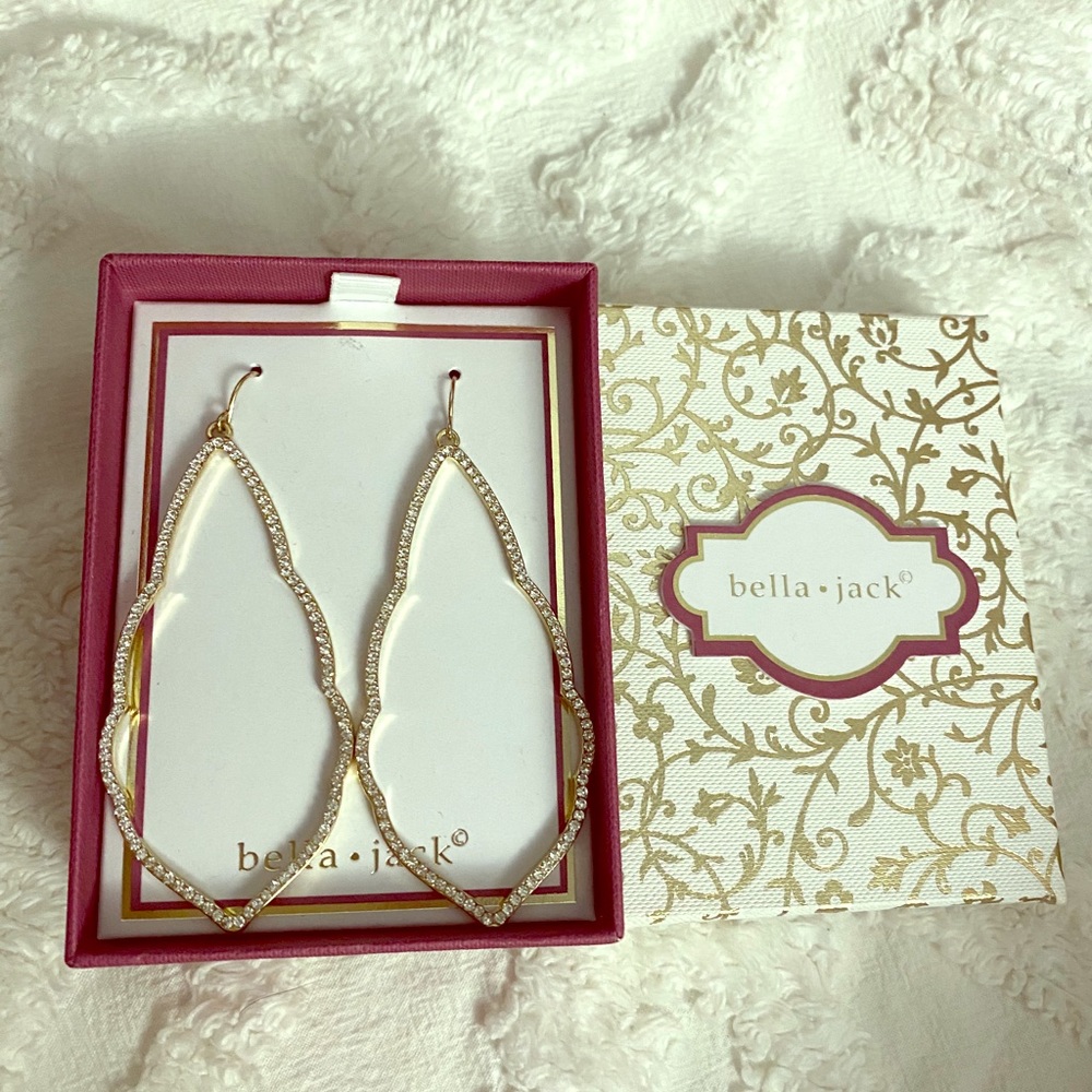 NEW gold with clear crystals 3” drop earrings